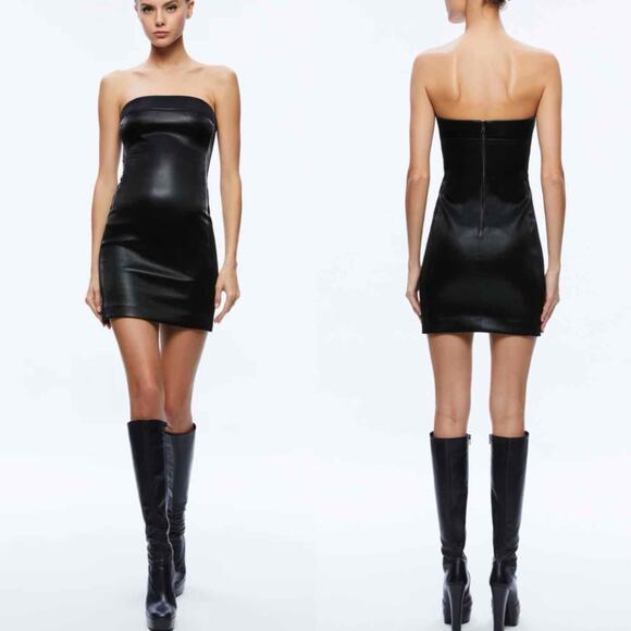 Alice + Olivia Kelly Strapless  Vegan Leather Mini Dress US 0 Black Stretch - Picture 11 of 14